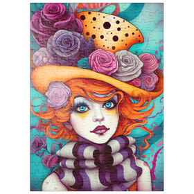Darstellung des Puzzle-Motivs Verspieltes Porträt einer Frau mit orangefarbenen Haaren und Blumenhut – Puzzleteile: 200