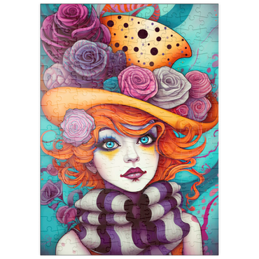 Darstellung des Puzzle Motivs puzzleplate Whimsical Portrait of a Woman with Orange Hair and Floral Hat 200 Puzzle