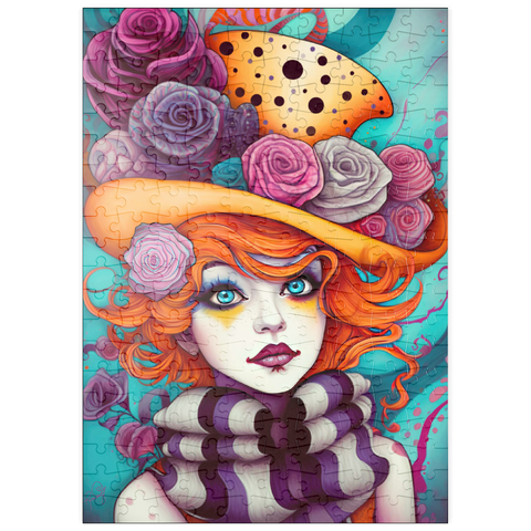 Darstellung des Puzzle Motivs Verspieltes Porträt einer Frau mit orangefarbenen Haaren und Blumenhut puzzleplate Whimsical Portrait of a Woman with Orange Hair and Floral Hat 200 Puzzle