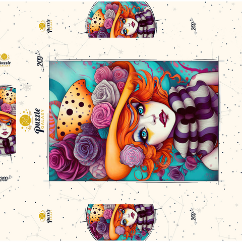 Darstellung des Puzzle Motivs Verspieltes Porträt einer Frau mit orangefarbenen Haaren und Blumenhut Whimsical Portrait of a Woman with Orange Hair and Floral Hat 200 Puzzle Schachtel 3D Modell
