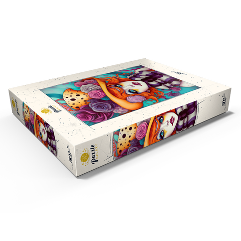 Darstellung des Puzzle Motivs Verspieltes Porträt einer Frau mit orangefarbenen Haaren und Blumenhut Whimsical Portrait of a Woman with Orange Hair and Floral Hat 500 Puzzle Schachtel Ansicht1