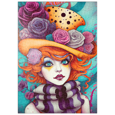 Darstellung des Puzzle Motivs puzzleplate Whimsical Portrait of a Woman with Orange Hair and Floral Hat 500 Puzzle
