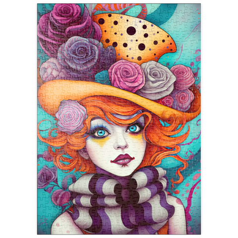 Darstellung des Puzzle Motivs Verspieltes Porträt einer Frau mit orangefarbenen Haaren und Blumenhut puzzleplate Whimsical Portrait of a Woman with Orange Hair and Floral Hat 500 Puzzle