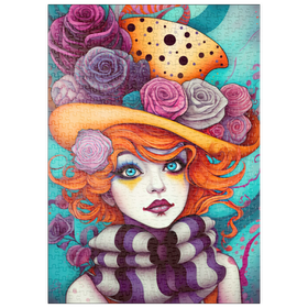 Darstellung des Puzzle Motivs Verspieltes Porträt einer Frau mit orangefarbenen Haaren und Blumenhut - Puzzleteile: 500