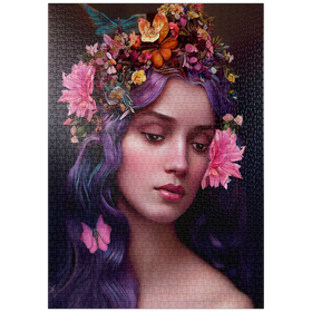 Darstellung des Puzzle-Motivs Ätherische Frau mit Blumenkranz und violettem Haar – Puzzleteile: 1000
