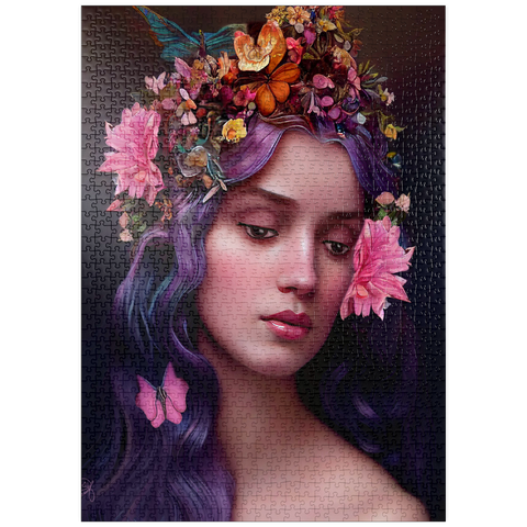 Darstellung des Puzzle Motivs Ätherische Frau mit Blumenkranz und violettem Haar puzzleplate Ethereal Woman with Floral Crown and Violet Hair 1000 Puzzle