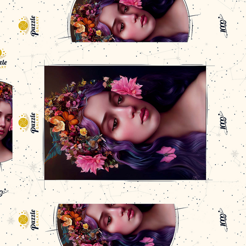 Darstellung des Puzzle Motivs Ätherische Frau mit Blumenkranz und violettem Haar Ethereal Woman with Floral Crown and Violet Hair 1000 Puzzle Schachtel 3D Modell