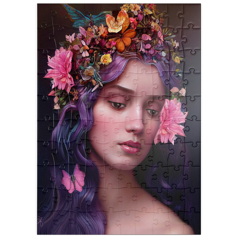 Darstellung des Puzzle Motivs Ätherische Frau mit Blumenkranz und violettem Haar puzzleplate Ethereal Woman with Floral Crown and Violet Hair 100 Puzzle