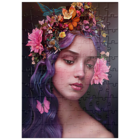 Darstellung des Puzzle Motivs Ätherische Frau mit Blumenkranz und violettem Haar - Puzzleteile: 100