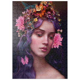 Darstellung des Puzzle-Motivs Ätherische Frau mit Blumenkranz und violettem Haar – Puzzleteile: 200