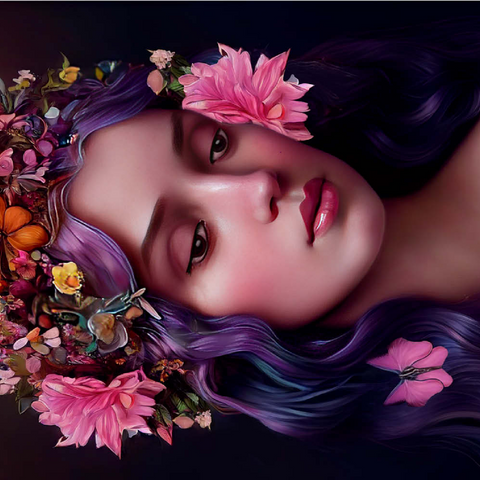 Darstellung des Puzzle Motivs Ätherische Frau mit Blumenkranz und violettem Haar Ethereal Woman with Floral Crown and Violet Hair 200 Puzzle 3D Modell