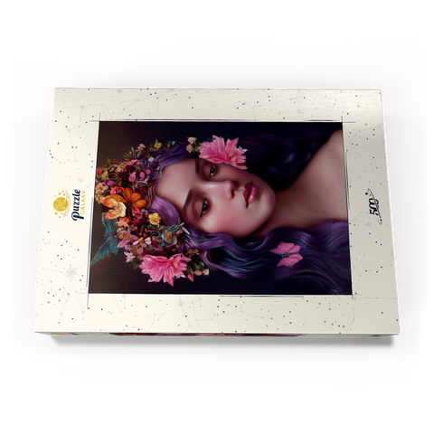 Darstellung des Puzzle Motivs Ätherische Frau mit Blumenkranz und violettem Haar Ethereal Woman with Floral Crown and Violet Hair 500 Puzzle Schachtel Ansicht3