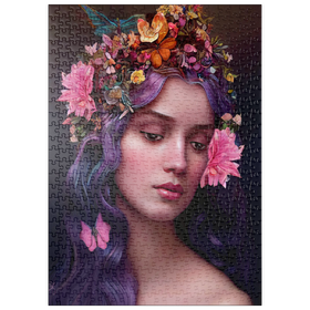 Darstellung des Puzzle-Motivs Ätherische Frau mit Blumenkranz und violettem Haar – Puzzleteile: 500