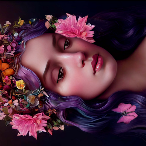 Darstellung des Puzzle Motivs Ätherische Frau mit Blumenkranz und violettem Haar Ethereal Woman with Floral Crown and Violet Hair 500 Puzzle 3D Modell