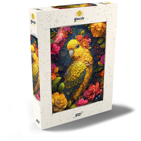 Darstellung des Puzzle Motivs Goldener Papagei mit tropischen Blüten Golden Parrot with Tropical Blooms 1000 Puzzle Schachtel Ansicht2