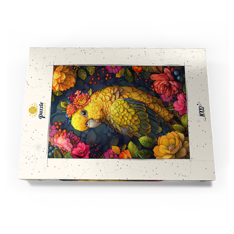 Darstellung des Puzzle Motivs Goldener Papagei mit tropischen Blüten Golden Parrot with Tropical Blooms 1000 Puzzle Schachtel Ansicht3