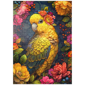 Darstellung des Puzzle-Motivs Goldener Papagei mit tropischen Blüten – Puzzleteile: 1000