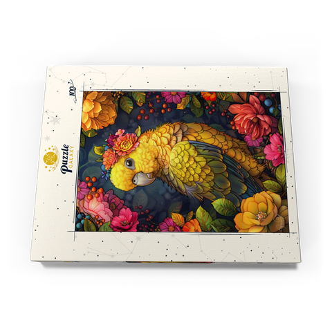 Darstellung des Puzzle Motivs Goldener Papagei mit tropischen Blüten Golden Parrot with Tropical Blooms 100 Puzzle Schachtel Ansicht3
