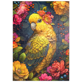 Darstellung des Puzzle Motivs Goldener Papagei mit tropischen Blüten - Puzzleteile: 100