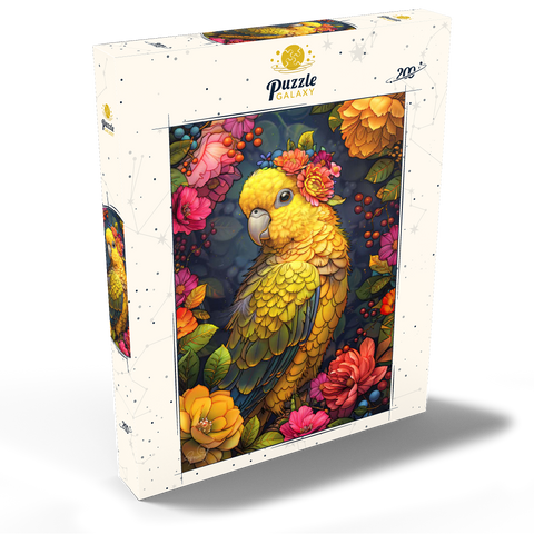 Darstellung des Puzzle Motivs Goldener Papagei mit tropischen Blüten Golden Parrot with Tropical Blooms 200 Puzzle Schachtel Ansicht2
