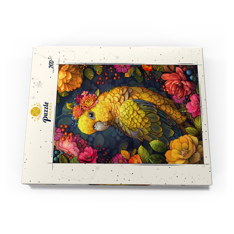 Darstellung des Puzzle Motivs Goldener Papagei mit tropischen Blüten Golden Parrot with Tropical Blooms 200 Puzzle Schachtel Ansicht3