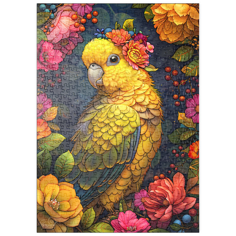 Darstellung des Puzzle Motivs Goldener Papagei mit tropischen Blüten puzzleplate Golden Parrot with Tropical Blooms 500 Puzzle