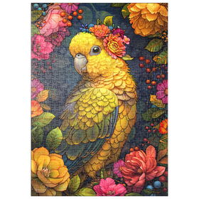 Darstellung des Puzzle Motivs Goldener Papagei mit tropischen Blüten - Puzzleteile: 500
