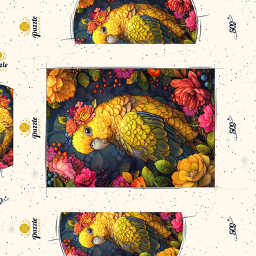 Darstellung des Puzzle Motivs Golden Parrot with Tropical Blooms 500 Puzzle Schachtel 3D Modell