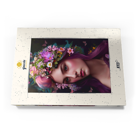 Darstellung des Puzzle Motivs Elegante Frau mit Blumenkranz und Schmetterlingsakzenten Elegant Woman with Floral Crown and Butterfly Accents 1000 Puzzle Schachtel Ansicht3