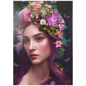 Darstellung des Puzzle-Motivs Elegante Frau mit Blumenkranz und Schmetterlingsakzenten – Puzzleteile: 1000