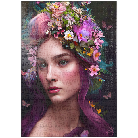 Darstellung des Puzzle Motivs Elegante Frau mit Blumenkranz und Schmetterlingsakzenten puzzleplate Elegant Woman with Floral Crown and Butterfly Accents 1000 Puzzle
