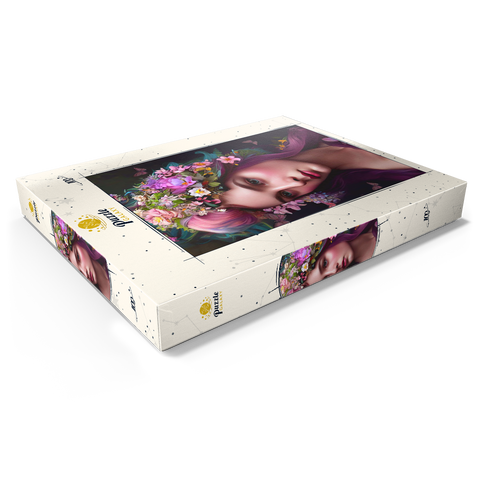 Darstellung des Puzzle Motivs Elegante Frau mit Blumenkranz und Schmetterlingsakzenten Elegant Woman with Floral Crown and Butterfly Accents 100 Puzzle Schachtel Ansicht1