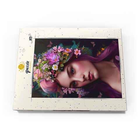Darstellung des Puzzle Motivs Elegante Frau mit Blumenkranz und Schmetterlingsakzenten Elegant Woman with Floral Crown and Butterfly Accents 100 Puzzle Schachtel Ansicht3