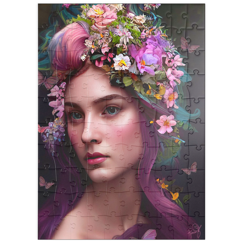 Darstellung des Puzzle Motivs Elegante Frau mit Blumenkranz und Schmetterlingsakzenten puzzleplate Elegant Woman with Floral Crown and Butterfly Accents 100 Puzzle