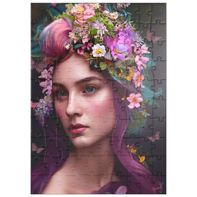 Darstellung des Puzzle Motivs Elegante Frau mit Blumenkranz und Schmetterlingsakzenten - Puzzleteile: 100