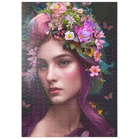 Darstellung des Puzzle Motivs Elegante Frau mit Blumenkranz und Schmetterlingsakzenten puzzleplate Elegant Woman with Floral Crown and Butterfly Accents 500 Puzzle