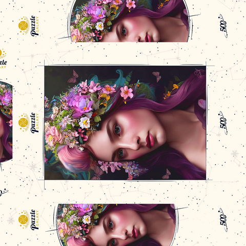 Darstellung des Puzzle Motivs Elegante Frau mit Blumenkranz und Schmetterlingsakzenten Elegant Woman with Floral Crown and Butterfly Accents 500 Puzzle Schachtel 3D Modell
