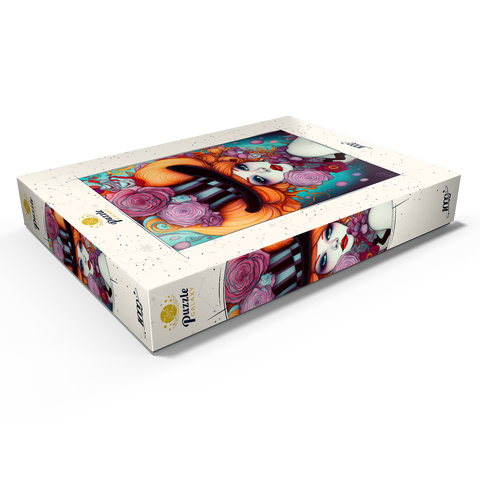 Darstellung des Puzzle Motivs Verspielte Frau mit gestreiftem Zylinderhut und floralen Akzenten Whimsical Woman with Striped Top Hat and Floral Accents 1000 Puzzle Schachtel Ansicht1