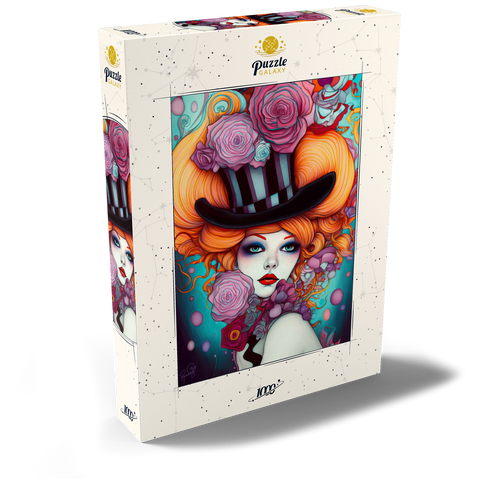 Darstellung des Puzzle Motivs Verspielte Frau mit gestreiftem Zylinderhut und floralen Akzenten Whimsical Woman with Striped Top Hat and Floral Accents 1000 Puzzle Schachtel Ansicht2
