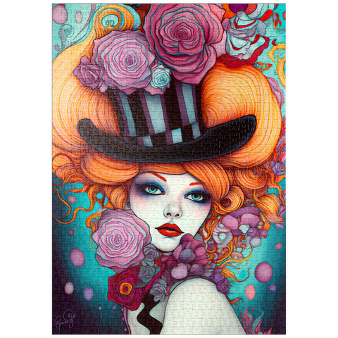 Darstellung des Puzzle Motivs Verspielte Frau mit gestreiftem Zylinderhut und floralen Akzenten puzzleplate Whimsical Woman with Striped Top Hat and Floral Accents 1000 Puzzle