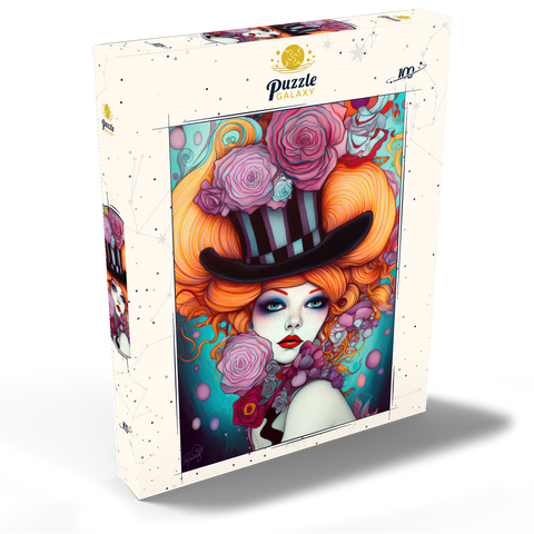 Darstellung des Puzzle Motivs Verspielte Frau mit gestreiftem Zylinderhut und floralen Akzenten Whimsical Woman with Striped Top Hat and Floral Accents 100 Puzzle Schachtel Ansicht2