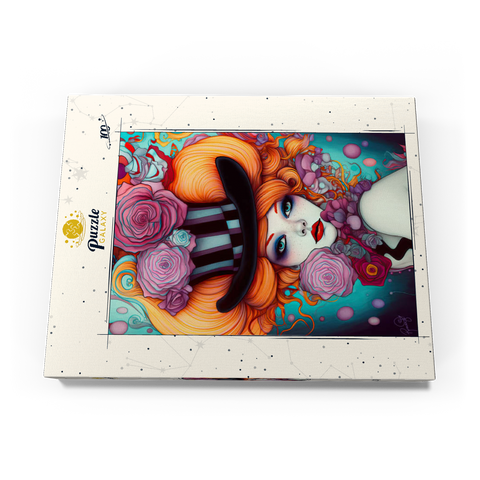 Darstellung des Puzzle Motivs Verspielte Frau mit gestreiftem Zylinderhut und floralen Akzenten Whimsical Woman with Striped Top Hat and Floral Accents 100 Puzzle Schachtel Ansicht3
