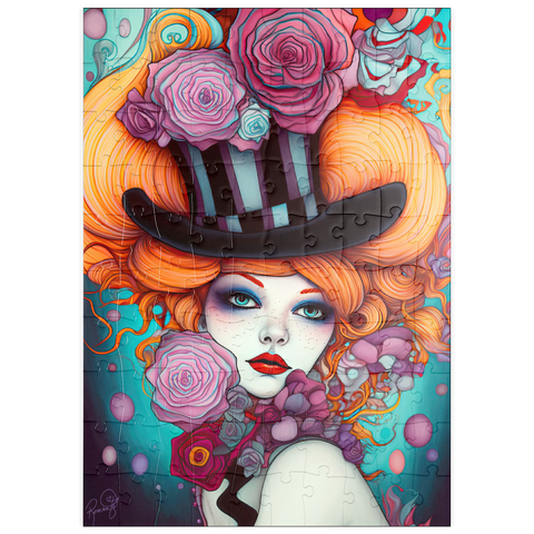 Darstellung des Puzzle Motivs Verspielte Frau mit gestreiftem Zylinderhut und floralen Akzenten puzzleplate Whimsical Woman with Striped Top Hat and Floral Accents 100 Puzzle