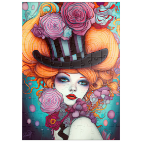 Darstellung des Puzzle Motivs Verspielte Frau mit gestreiftem Zylinderhut und floralen Akzenten - Puzzleteile: 100