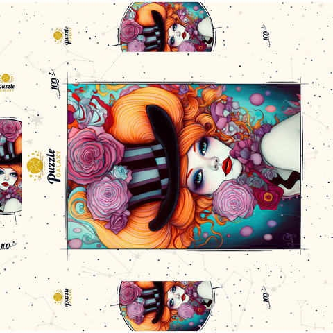 Darstellung des Puzzle Motivs Verspielte Frau mit gestreiftem Zylinderhut und floralen Akzenten Whimsical Woman with Striped Top Hat and Floral Accents 100 Puzzle Schachtel 3D Modell
