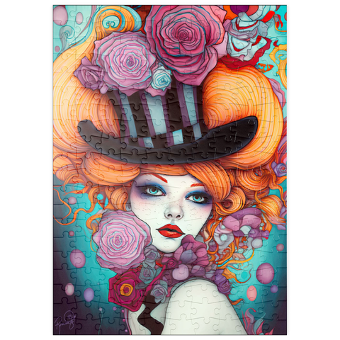 Darstellung des Puzzle Motivs Verspielte Frau mit gestreiftem Zylinderhut und floralen Akzenten puzzleplate Whimsical Woman with Striped Top Hat and Floral Accents 200 Puzzle