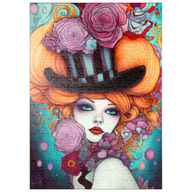 Darstellung des Puzzle Motivs Verspielte Frau mit gestreiftem Zylinderhut und floralen Akzenten - Puzzleteile: 200