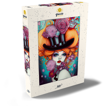 Darstellung des Puzzle Motivs Whimsical Woman with Striped Top Hat and Floral Accents 500 Puzzle Schachtel Ansicht2