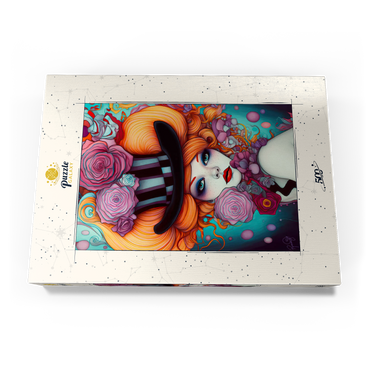 Darstellung des Puzzle Motivs Whimsical Woman with Striped Top Hat and Floral Accents 500 Puzzle Schachtel Ansicht3