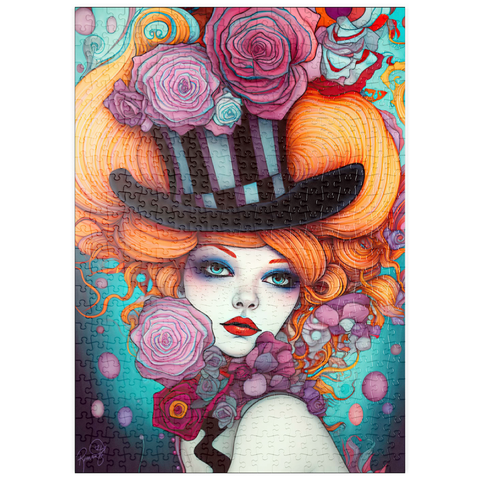 Darstellung des Puzzle Motivs Verspielte Frau mit gestreiftem Zylinderhut und floralen Akzenten puzzleplate Whimsical Woman with Striped Top Hat and Floral Accents 500 Puzzle